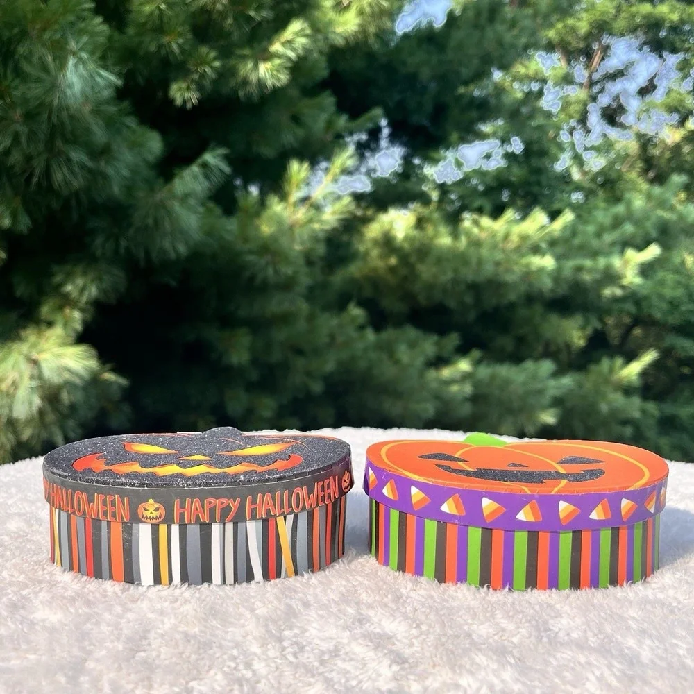 Vintage Greenbrier Halloween Pumpkin Jack O Lantern Glitter Gift Boxes Set of 2